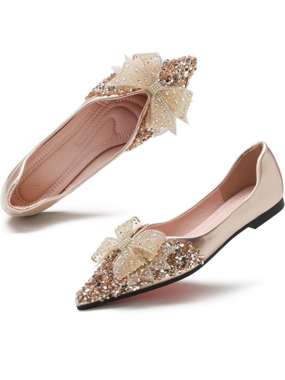Women's Rhinestone Wedding Gold Flats Comfort Pointed Toe Ballet Flat Shoes - Picture 5 of 7